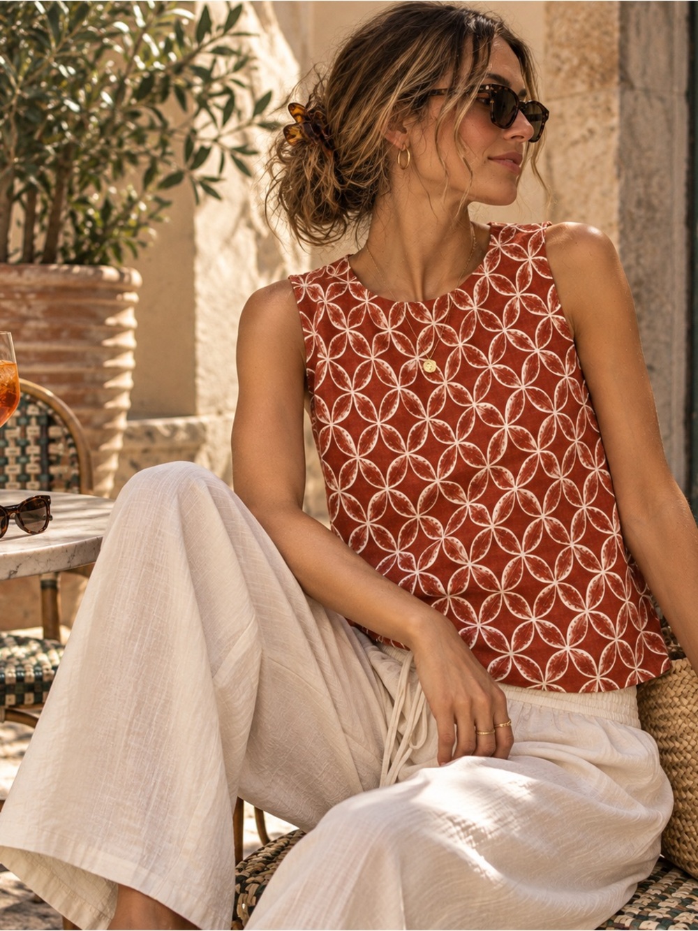 Sigrid Olsen 100% Linen Geometric Art Print-Top -Clay & Cream-Size S-BNWOT-VACAY
